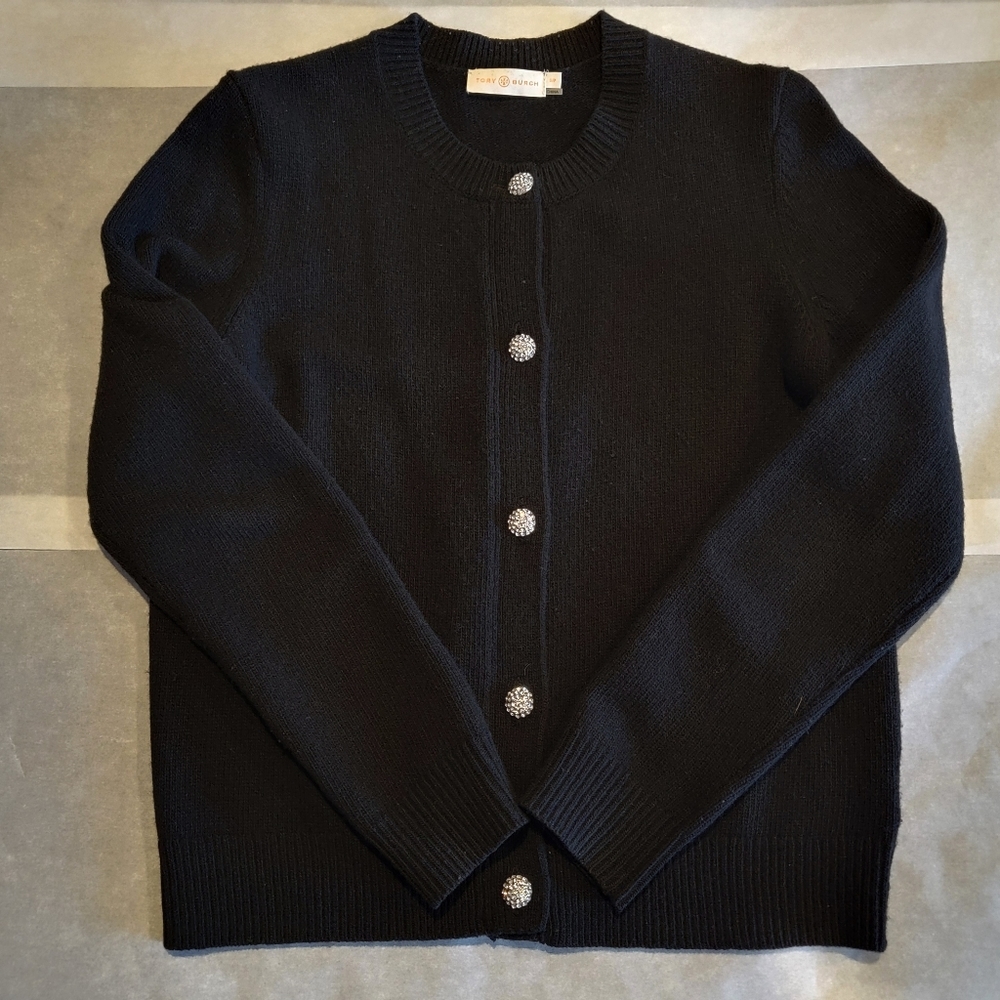 Tory Burch Jeweled Button Black Wool Cardigan Women's Small